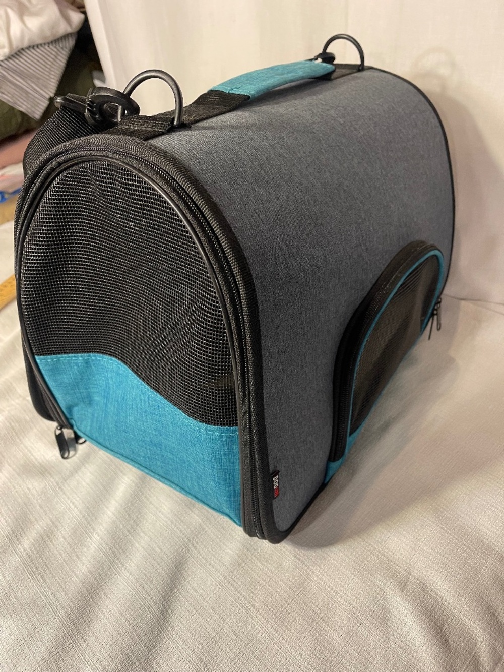 Portable Small Pet Carrier - Gray with Teal Accents